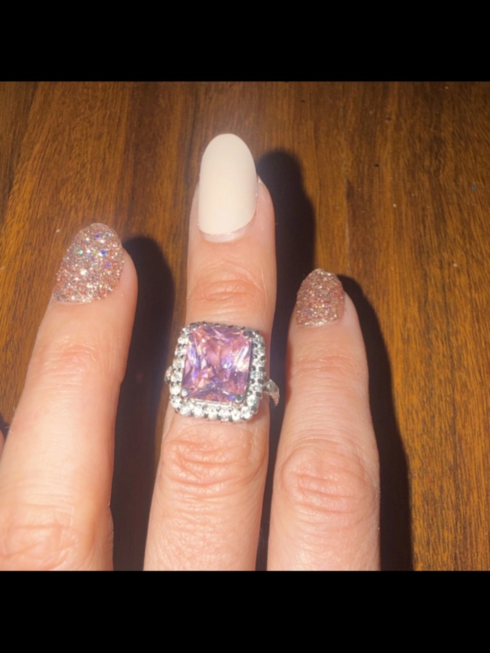 Silver Ring with Pink Square Center Stone and Halo